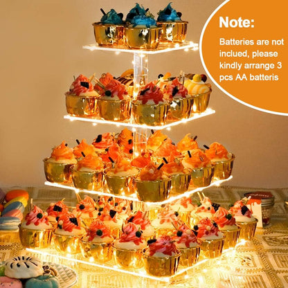 YestBuy Cupcake Stand with Yellow Led Lights, 4 Tier Cupcake Stand for 50 Cupcakes, Acrylic Cupcake Tower Stand, Clear Tiered Cupcake Holder for Birthday Cady Bar Décor Weddings, Parties Events