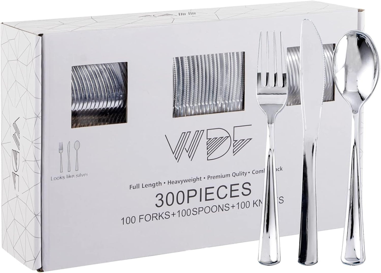 WDF300 Pieces Gold Plastic Silverware - Heavy Duty Disposable Cutlery Set Plastic Gold Silverware Set Includes 100 Forks, 100 Spoons, 100 Knives for Party Baby Shower Wedding Spring