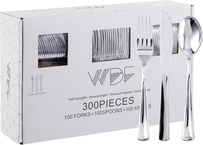 WDF300 Pieces Gold Plastic Silverware - Heavy Duty Disposable Cutlery Set Plastic Gold Silverware Set Includes 100 Forks, 100 Spoons, 100 Knives for Party Baby Shower Wedding Spring