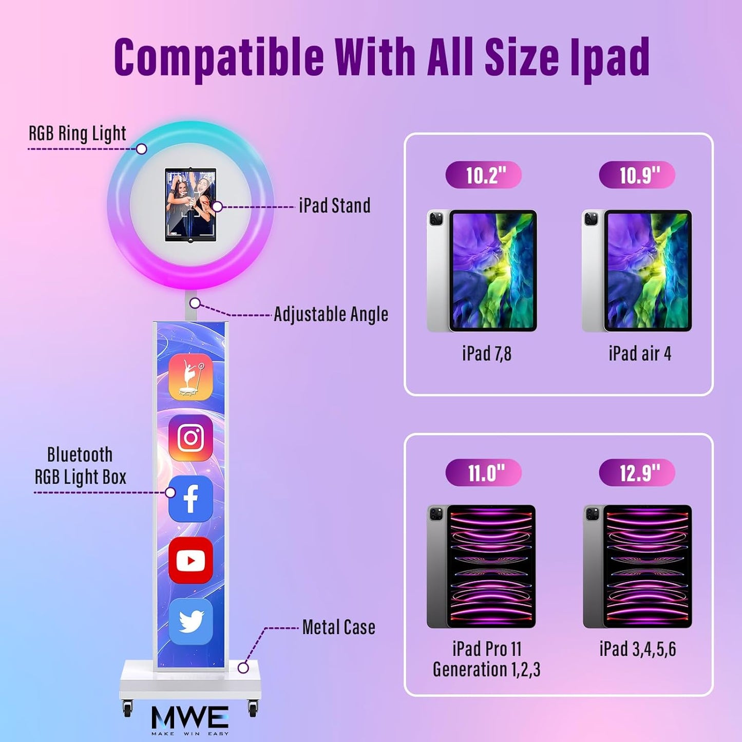 JIYANG Portable Photo Booth Compatible with Any Ipad,Photo Booth Stand Shell with ChackTok PhotoBooth VIP Member and Flight Case,Free Custom Logo,Perfect for Parties,Wedding and Events(White)