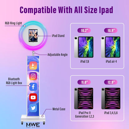JIYANG Portable Photo Booth Compatible with Any Ipad,Photo Booth Stand Shell with ChackTok PhotoBooth VIP Member and Flight Case,Free Custom Logo,Perfect for Parties,Wedding and Events(White)