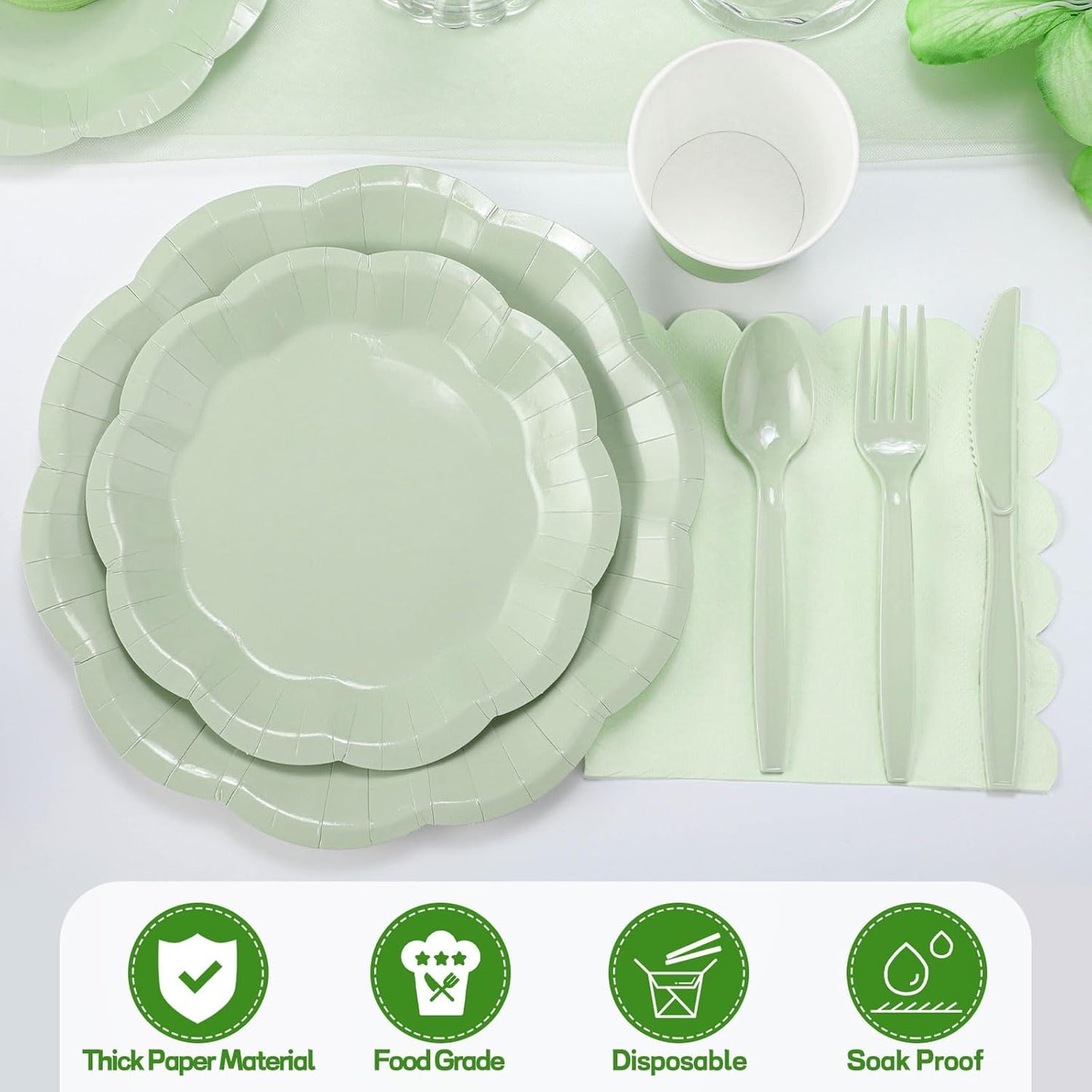 NatNarr 175 Pcs Sage Green Plates and Napkins Set, 25 Guest Sage Green Party Supplies Include Scalloped Paper Plate Napkin Cup Forks Knives Disposable Plastic Cutlery for Wedding Baby Shower Birthday