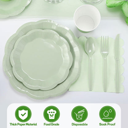 NatNarr 175 Pcs Sage Green Plates and Napkins Set, 25 Guest Sage Green Party Supplies Include Scalloped Paper Plate Napkin Cup Forks Knives Disposable Plastic Cutlery for Wedding Baby Shower Birthday