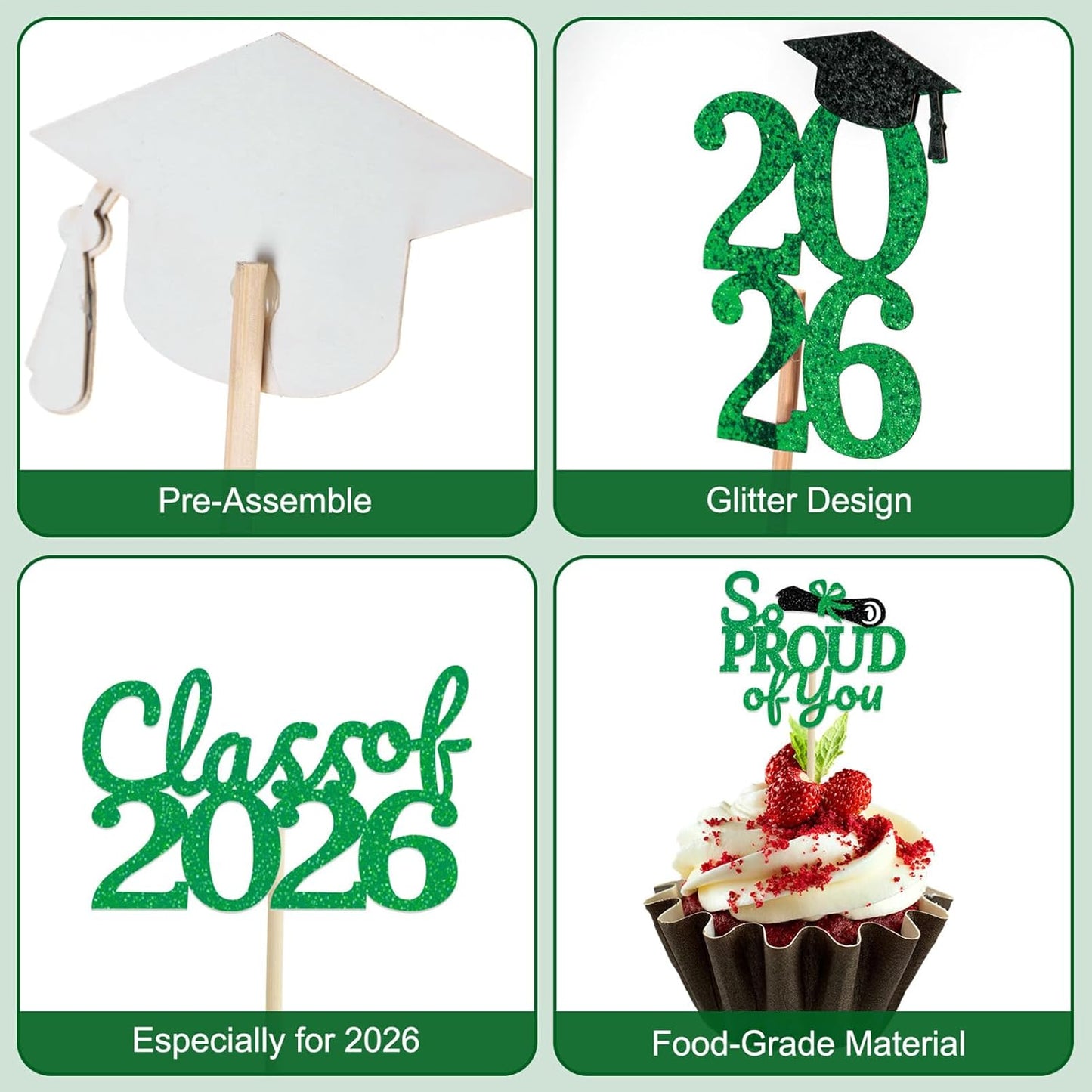 24 Pcs Graduation Cupcake Toppers 2026 - Congrats Grad Decorations Class of 2026, Pre-Assembled Black Gold Grad Cake Topper Centerpieces for Graduation Party Decoration Supplies Table Decor, 6 Styles