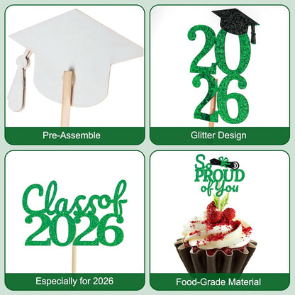24 Pcs Graduation Cupcake Toppers 2026 - Congrats Grad Decorations Class of 2026, Pre-Assembled Black Gold Grad Cake Topper Centerpieces for Graduation Party Decoration Supplies Table Decor, 6 Styles