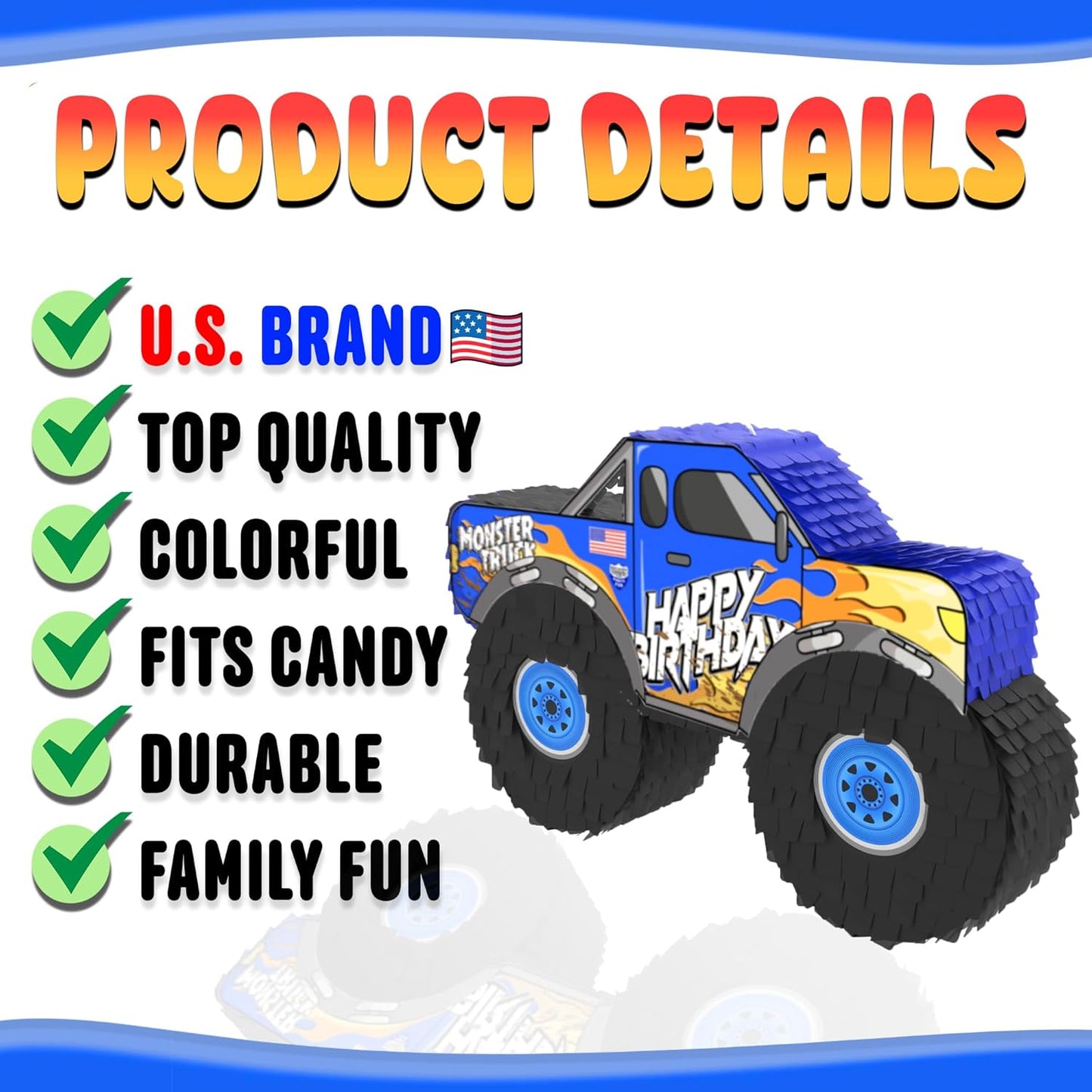 Jergrim Blue Monster Truck Piñata, Small 4 Piece Set, perfect for Kids Birthday Parties, Race Car Party Supplies fits piñata candy and party favors (17”X11”) Durable!
