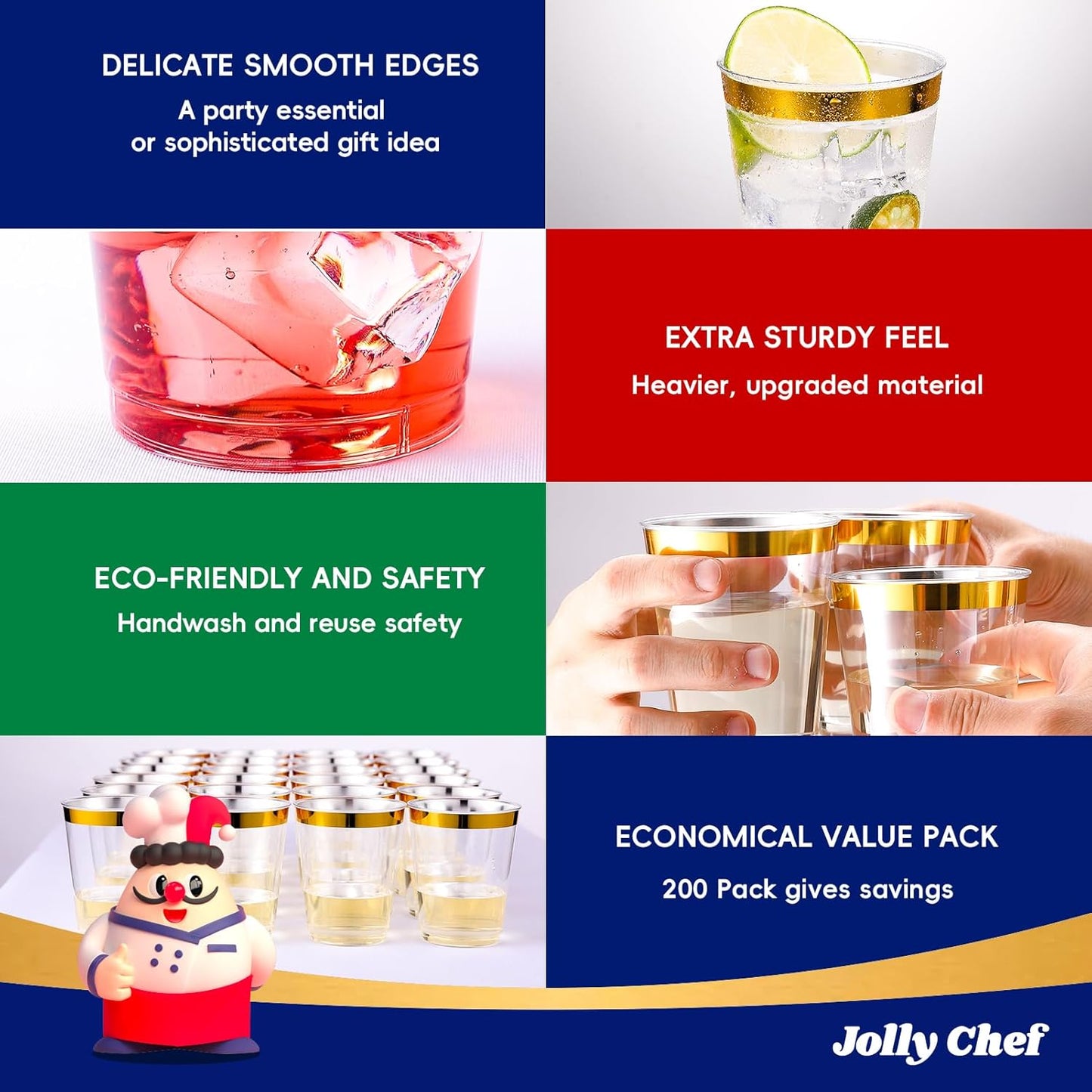 JOLLY CHEF 12 oz Clear Plastic Cups, 100 Pack Heavy-duty Party Glasses, Disposable Plastic Cups for Halloween,Thanksgiving Day, Christmas Party