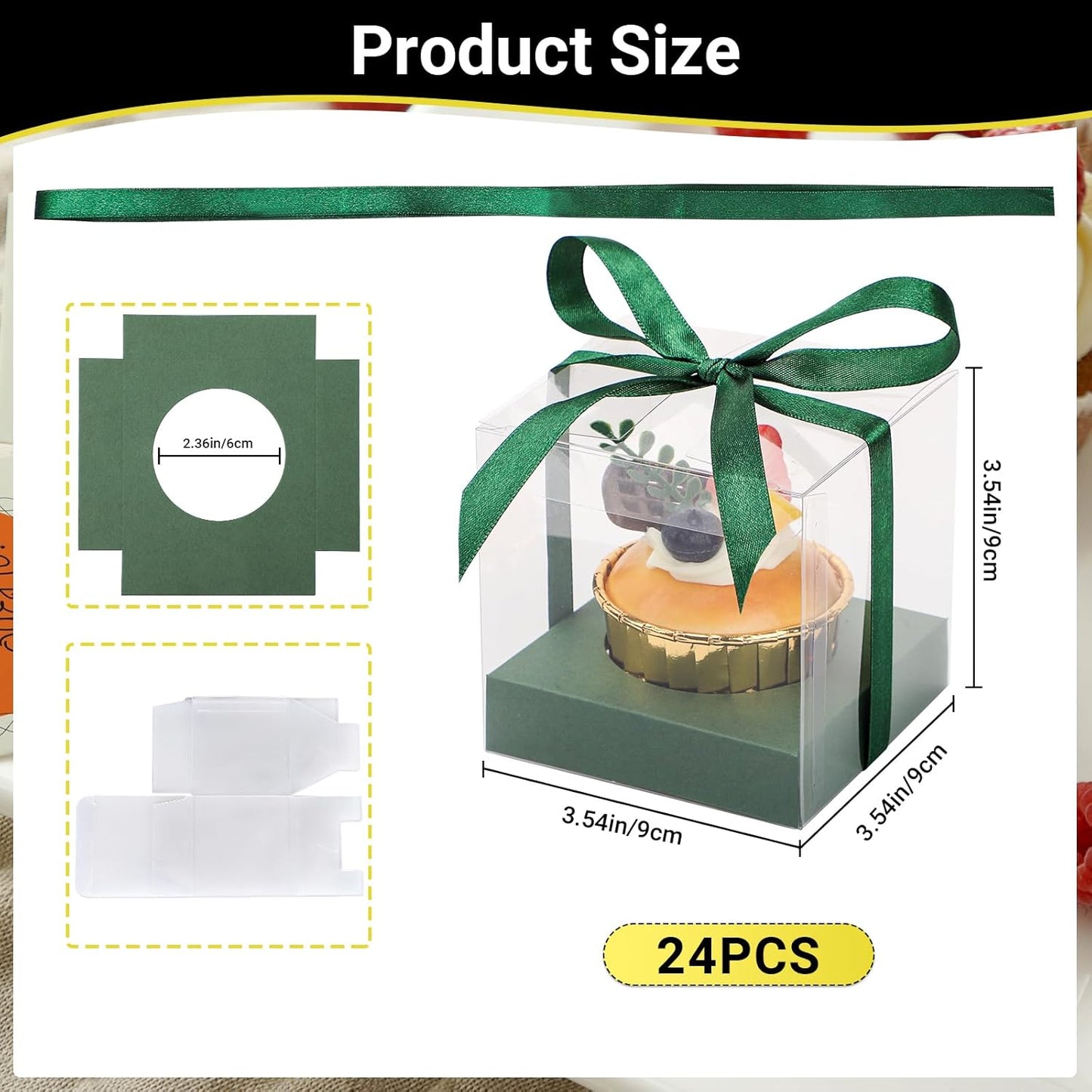 EUSOAR Individual Cupcake Holder, 50pcs 3.5 Inch Plastic Black Cupcake Containers with Lids, Single Transparent Display Clear Cupcake Carrier with Ribbon and Inserts for Wedding Party Favor