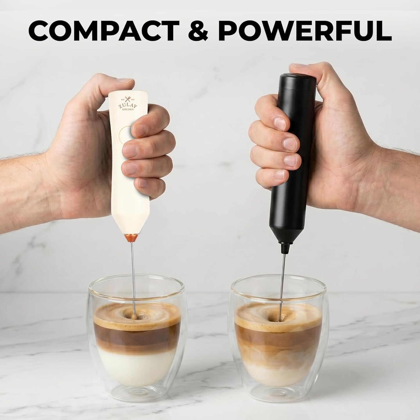 Zulay Kitchen Powerful Milk Frother Wand With Duracell Batteries - Ultra Fast Handheld Drink Mixer - Electric Whisk Foam Maker for Coffee, Lattes, Cappuccino & Matcha - Z1 Motor - Black - Colors B