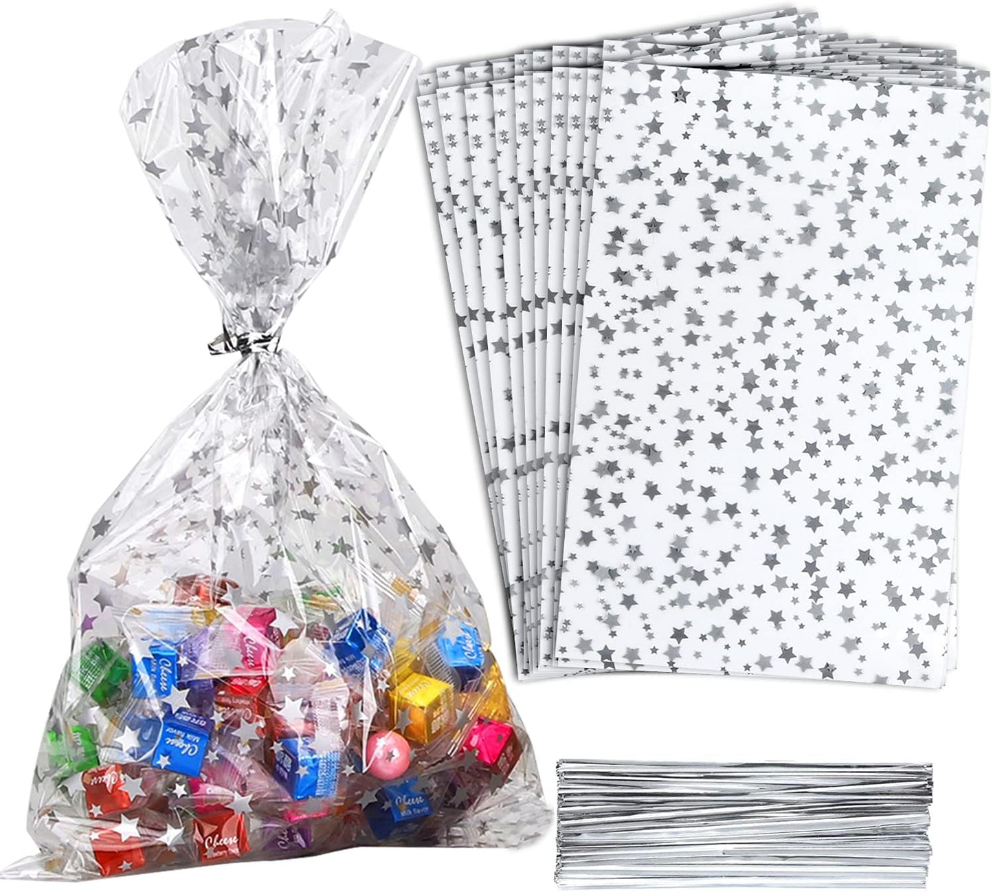 100 Pcs Star Printed 5"X 7" Gift Wrap Cello Cellophane Treat Bags Party Favor bags Clear Candy Cookie Bag Plastic Poly Goodie Storage Bag with Twist Ties for Bakery,Birthday, Wedding ,Party Decorations (Gold)