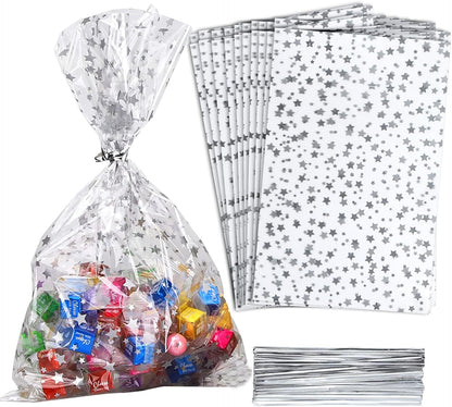 100 Pcs Star Printed 5"X 7" Gift Wrap Cello Cellophane Treat Bags Party Favor bags Clear Candy Cookie Bag Plastic Poly Goodie Storage Bag with Twist Ties for Bakery,Birthday, Wedding ,Party Decorations (Gold)