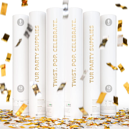 Gold & Silver Confetti Poppers Confetti Cannon | 6 Pack | Party Poppers Decoration for Wedding, Engagement, Graduation, Birthday | Wedding Party Favors | Launches 25 ft | 12 inch | TUR Party Supplies