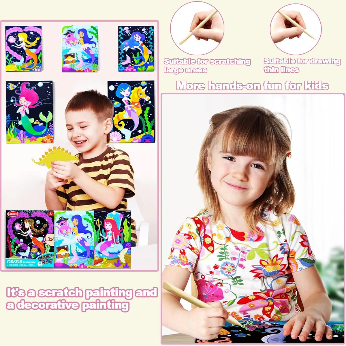 BAOXUE Scratch Art for Kids, Mermaids Black Rainbow Scratch Paper Set-Arts And Crafts & Supplies, DIY Activity & Party Games, Mermaid Toys Gifts for Toddlers, Girls