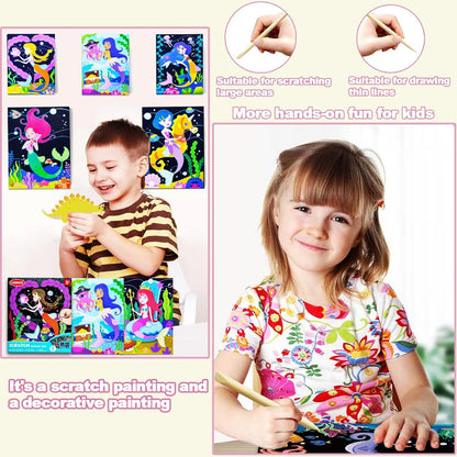 BAOXUE Scratch Art for Kids, Mermaids Black Rainbow Scratch Paper Set-Arts And Crafts & Supplies, DIY Activity & Party Games, Mermaid Toys Gifts for Toddlers, Girls