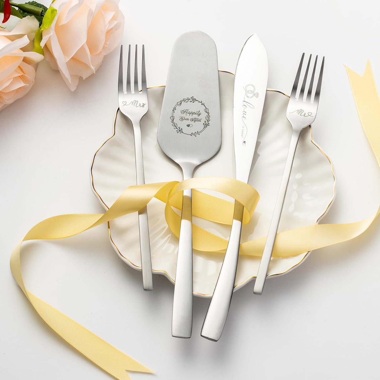 Cake Cutting Set For Wedding, Wedding Cake Knife And Server Set, Mr And Mrs Forks And Cake Cutter Set For Wedding, Bridal Shower Gifts, Engagement Gifts For Couples (Silver)