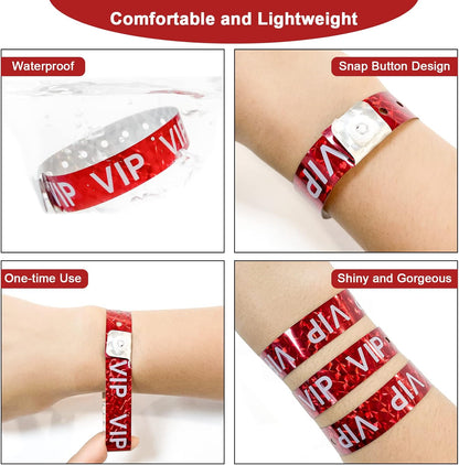Ouchan Holographic VIP Plastic Wristbands Silver - 100 Pack Vinyl Wristbands for Events Parties