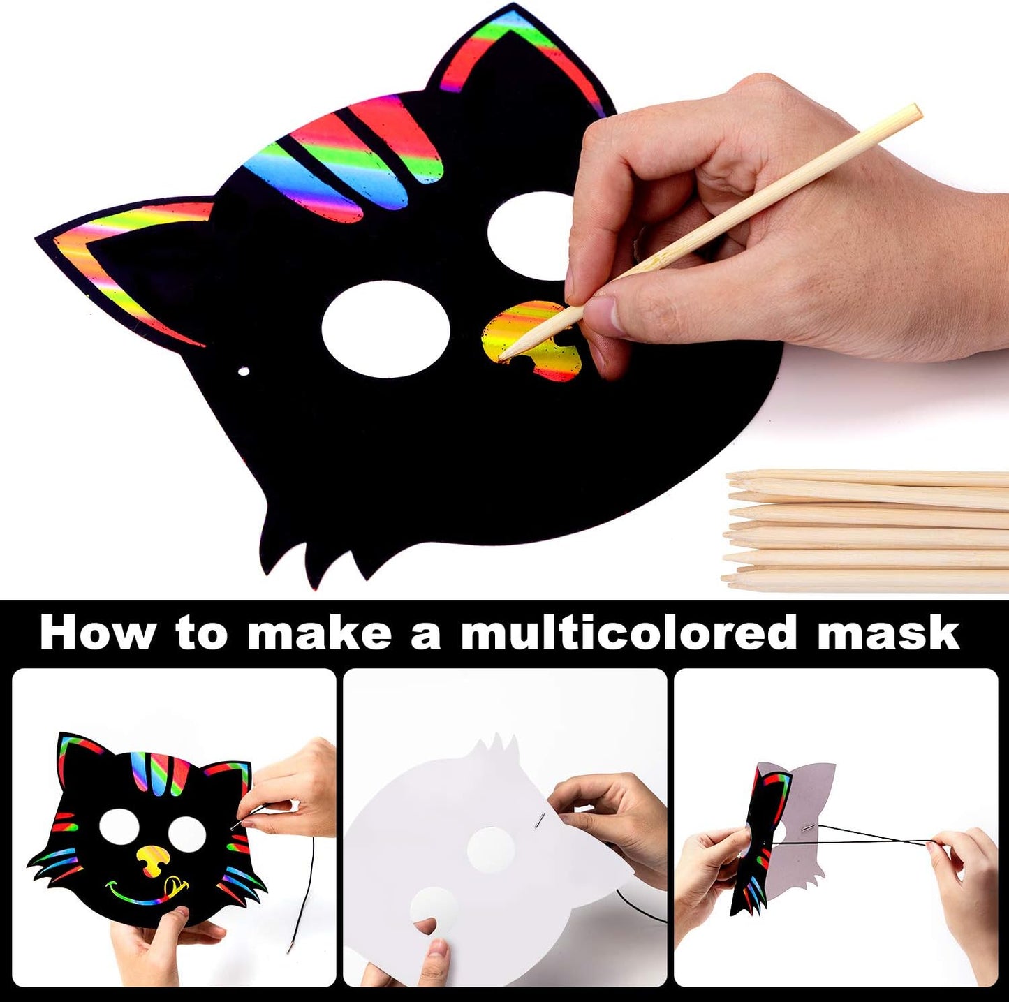 Halloween Mask Craft Kit for Kids, 52 Pcs Kids Magic Scratch Paper Animal Masks, DIY Rainbow Scratch Art Masks for Halloween and Animal Birthday Party