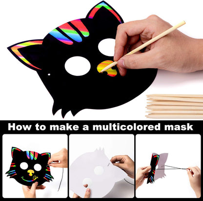 Halloween Mask Craft Kit for Kids, 52 Pcs Kids Magic Scratch Paper Animal Masks, DIY Rainbow Scratch Art Masks for Halloween and Animal Birthday Party