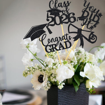 Graduation Centerpiece Sticks 24PCS Glitter Grad Picks Party Table Decor Senior High School College Sign Gold