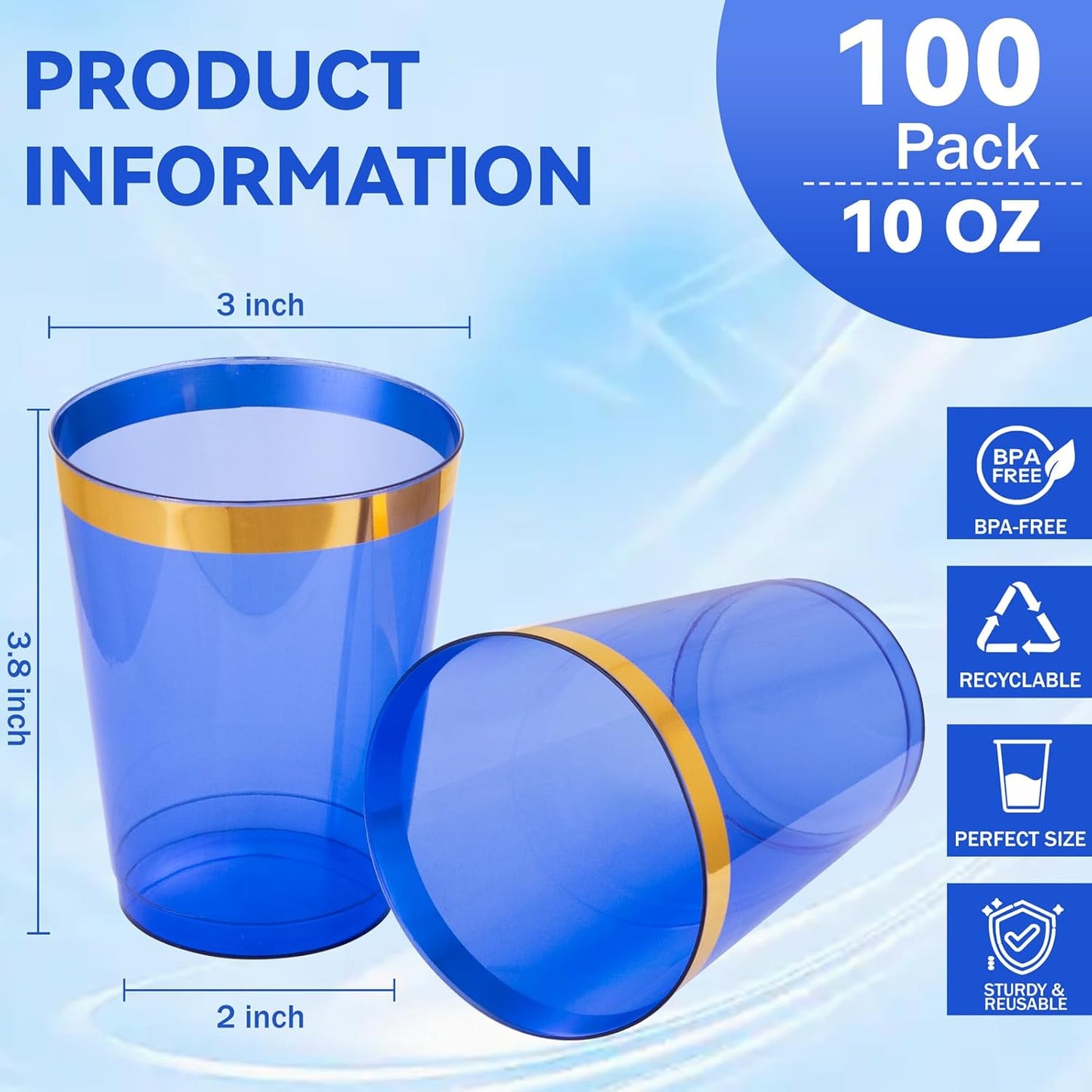 supernal 100pcs Gold Plastic Cups 12 oz, Glitter Clear Disposable Cups Heavy Duty, Fancy Plastic Cocktail Tumblers for Wedding, Parties Champagne & Mixed Drinks
