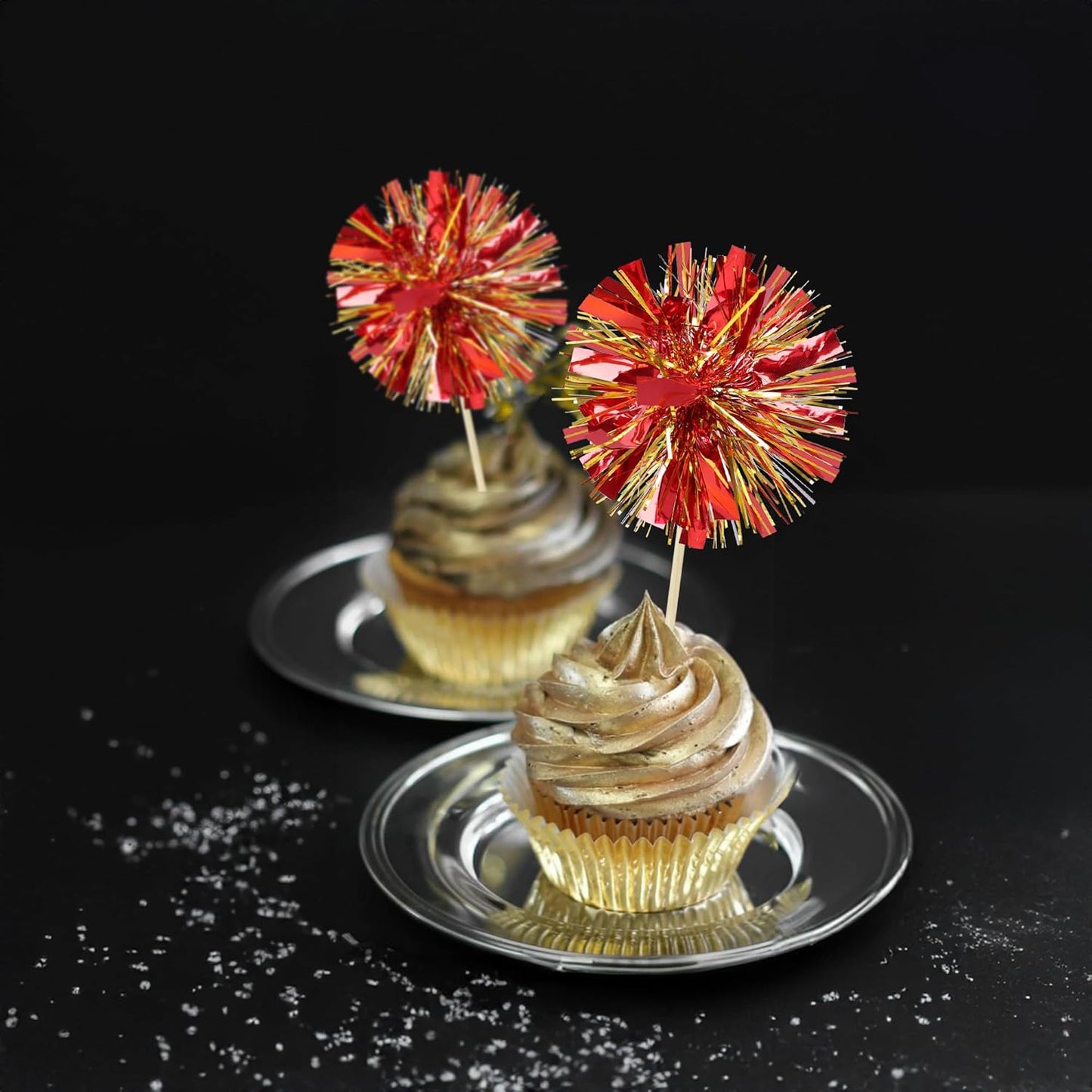 Ephlyn 30Pcs Foil Firework Cupcake Toppers Sparkle Tinsel Cupcake Picks Drink Stirrers Cocktail Food Fruit Toothpicks for Baby Shower Graduation Party Supplies White