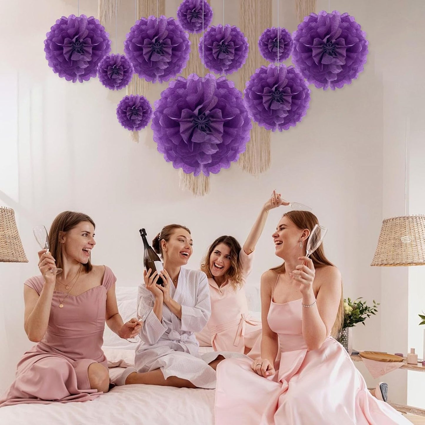 Tissue Paper Pom Poms, Pink Tissue Paper Flowers, Hanging Flower Balls for Weddings Fiesta Parties Birthday Baby Showers Classroom Bridal Shower Decoration (18Piece Set-6/10/12/14Inch)