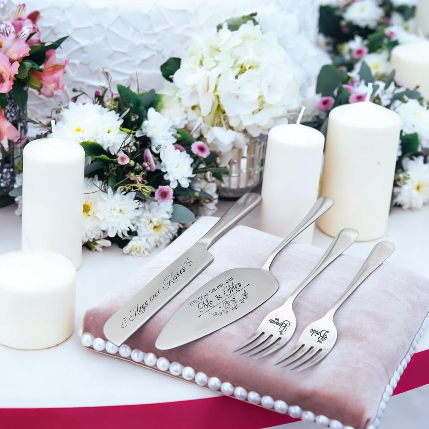 Wedding Cake Knife and Server Set - 4 Piece Stainless Steel Cake Cutting Set for Wedding, Cake Cutting Knife, Slicer and Forks Server for Engagement, Anniversary, Birthday
