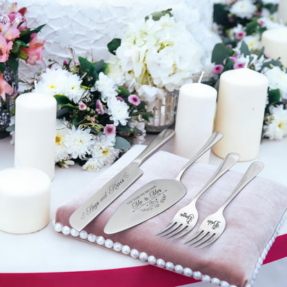 Wedding Cake Knife and Server Set - 4 Piece Stainless Steel Cake Cutting Set for Wedding, Cake Cutting Knife, Slicer and Forks Server for Engagement, Anniversary, Birthday