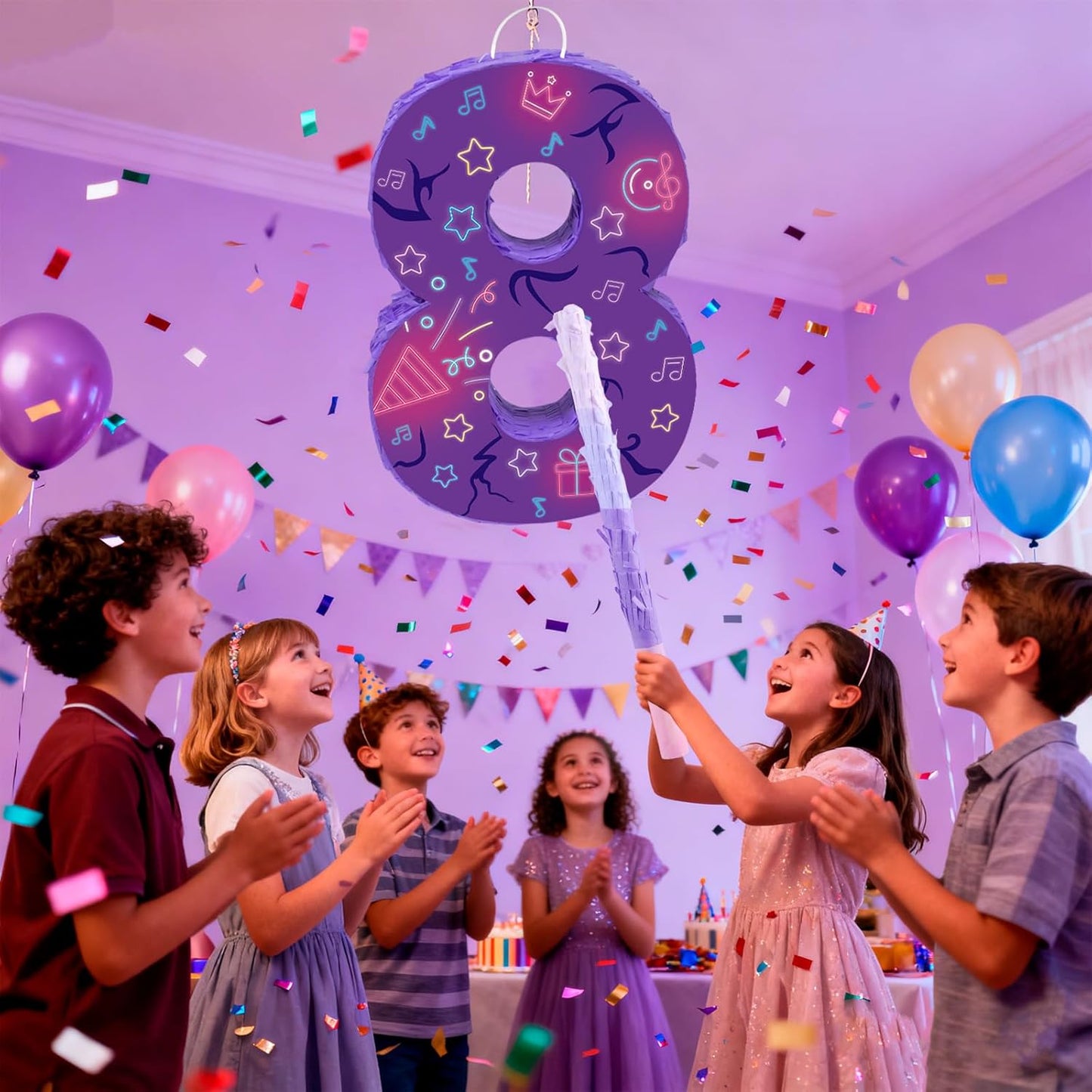Musical Note Birthday Decorations, 15.7 x 11.5 x 3 Inch Purple Musical Note Number 7 Pinata with 16 Inch Piñata Stick Blindfold Confetti for 7th Music Theme Birthday Party Supplie