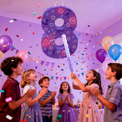 Musical Note Birthday Decorations, 15.7 x 11.5 x 3 Inch Purple Musical Note Number 7 Pinata with 16 Inch Piñata Stick Blindfold Confetti for 7th Music Theme Birthday Party Supplie