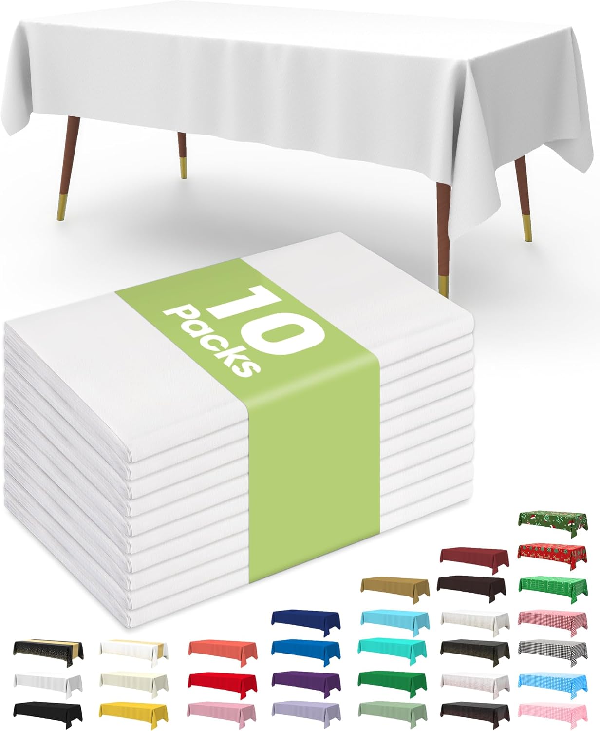 Pureegg Plastic Table Cloth 10 Pack, 54 x 108 Inch Disposable Table Cloths for Party, Picnic and Wedding, Rectangle, White - Colors B