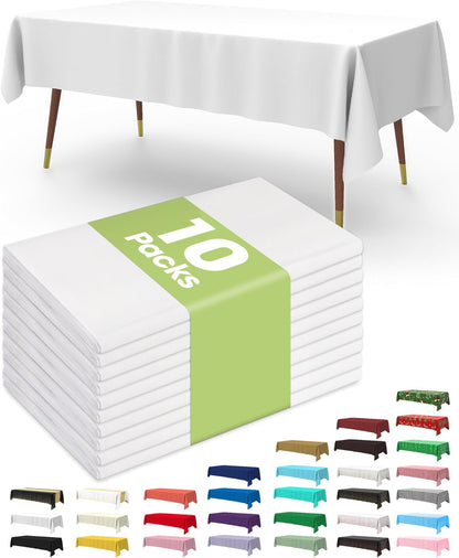 Pureegg Plastic Table Cloth 10 Pack, 54 x 108 Inch Disposable Table Cloths for Party, Picnic and Wedding, Rectangle, White - Colors B
