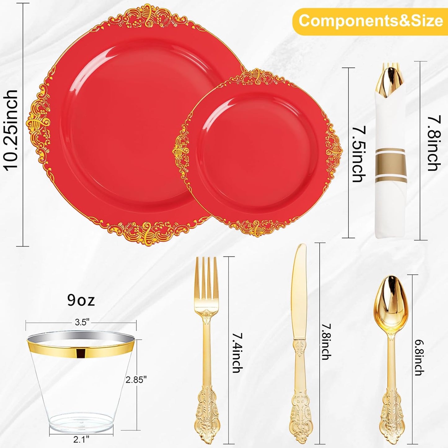 Nervure 350PCS Gold Plastic Plates - Gold Plastic Dinnerware Sets for 50 Guests - 100 Disposable Plates, 150 Silverware, 50 Cups, 50 Napkins for Wedding & Party & Mothers Day