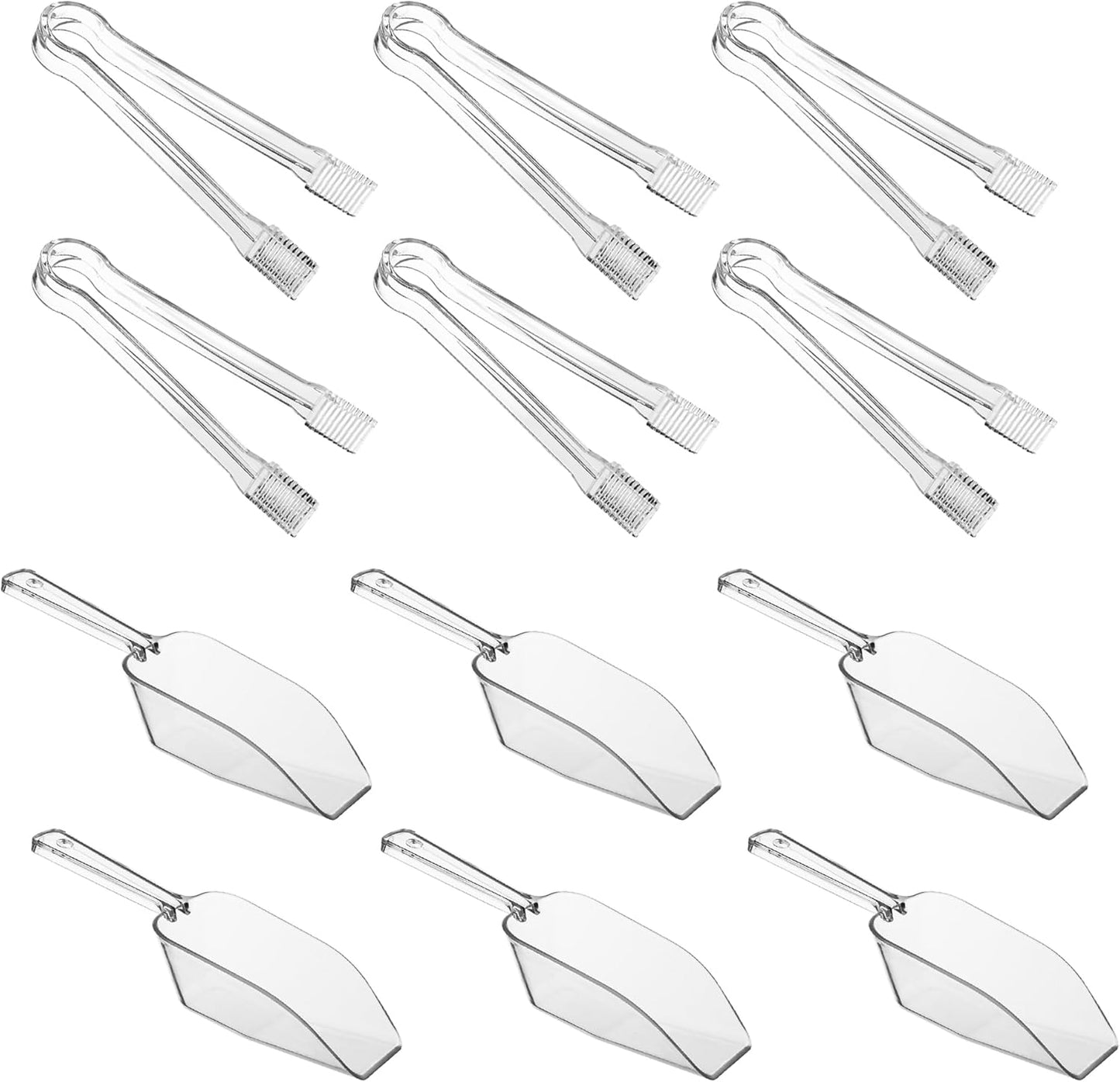20 Combo Pack,10 Pieces Plastic Serving Tongs Mini Kitchen Tongs Kitchen Tongs Utility and 10 Pieces Plastic Kitchen Scoops Clear Ice Scoop Mini Clear Buffet Scoop for Candy Dessert Buffet Ice
