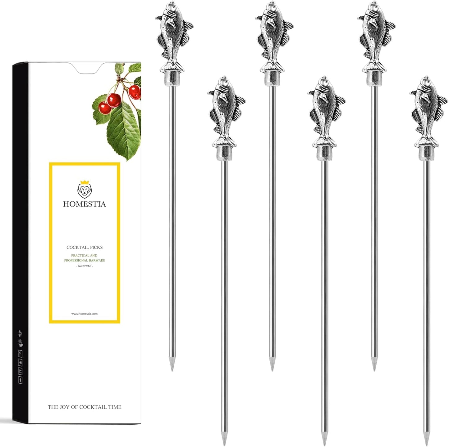 Homestia Stainless Steel Cocktail Picks, 4.7 Inch Reusable Martini Olive Picks, Metal Garnish Skewers for Drinks, Appetizers, Bloody Mary - Set of 6 Metal Cocktail Picks for Party Bar