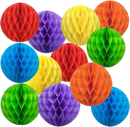 Rainbow Paper Honeycomb Balls,6 and 10 inch Hanging Tissue Pompoms,12 Pack Party Decorations