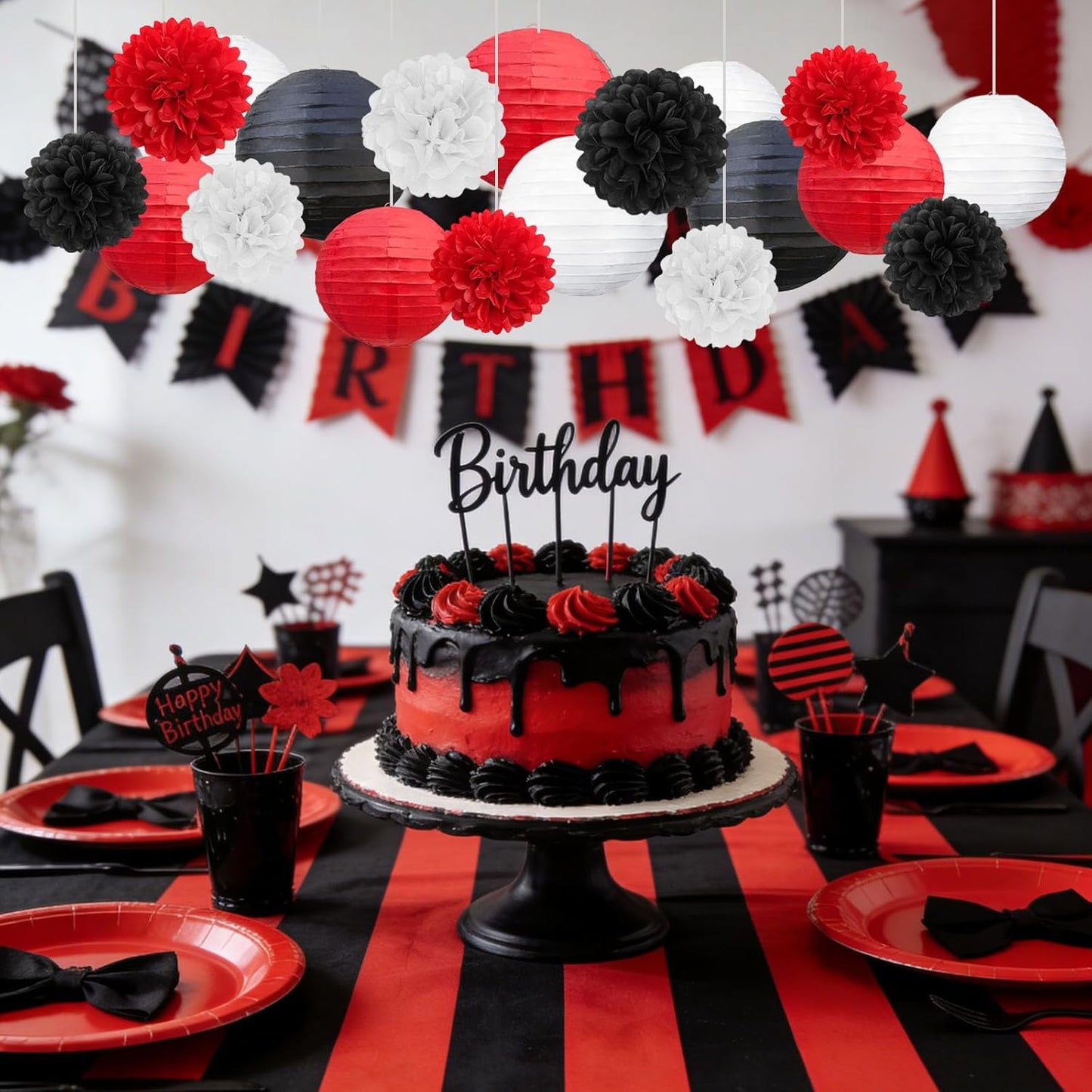 18 PCS Tissue Paper Pom Poms, Tissue Pom Poms Flowers, Sizes of 6", 10", 12", 14" Hanging Paper Flower Ball for Wedding, Birthday, Halloween, Christmas, Baby Shower Party Decor (Red Black Gold)