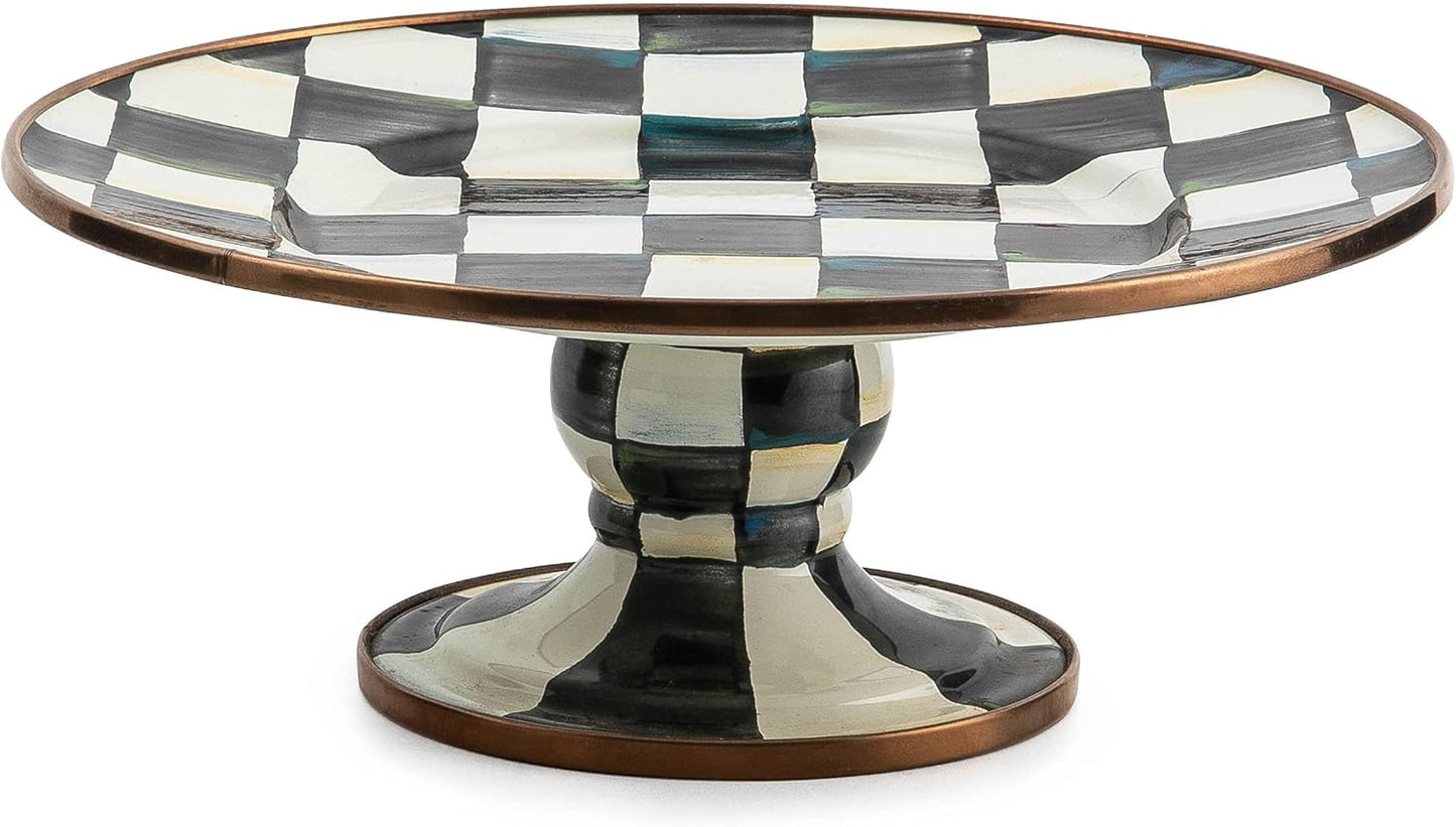 MACKENZIE-CHILDS Enamel Pedestal Platter, Round Cake Stand, Large, Black-and-White Courtly Check