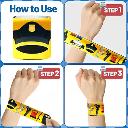 74PCS Police Theme Slap Bracelets and Stickers Set – 24 Slap Bracelets & 50 Stickers – Perfect for Party Decorations, Police Theme Events Birthday Parties Police Gift Bag Fillers