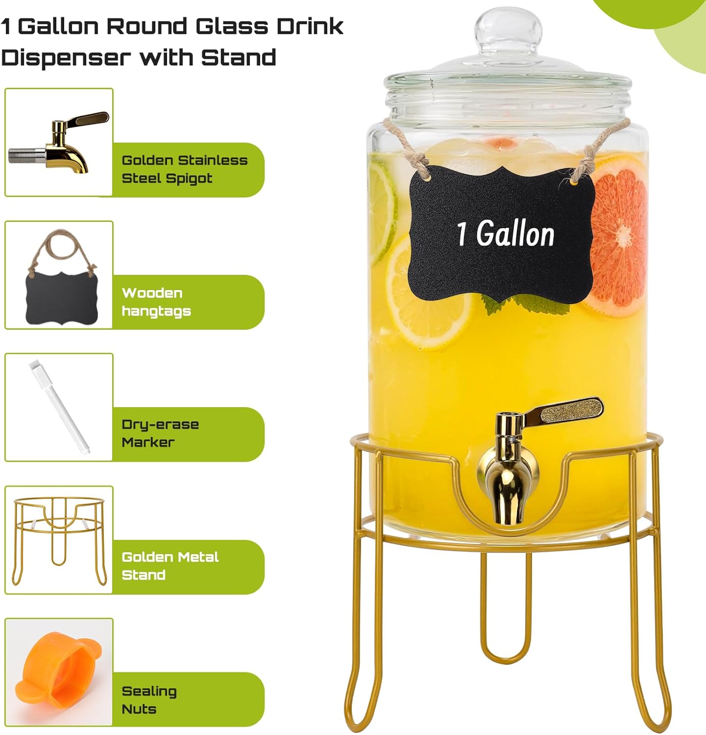DHSBTLS 1.5 Gallon Glass Drink Dispensers, Round Beverage Dispenser for Party, BBQ and Picnic, Clear Airtight Juice Dispenser with Golden Stand, Stainless Steel Spigot, Markers and Chalkboard