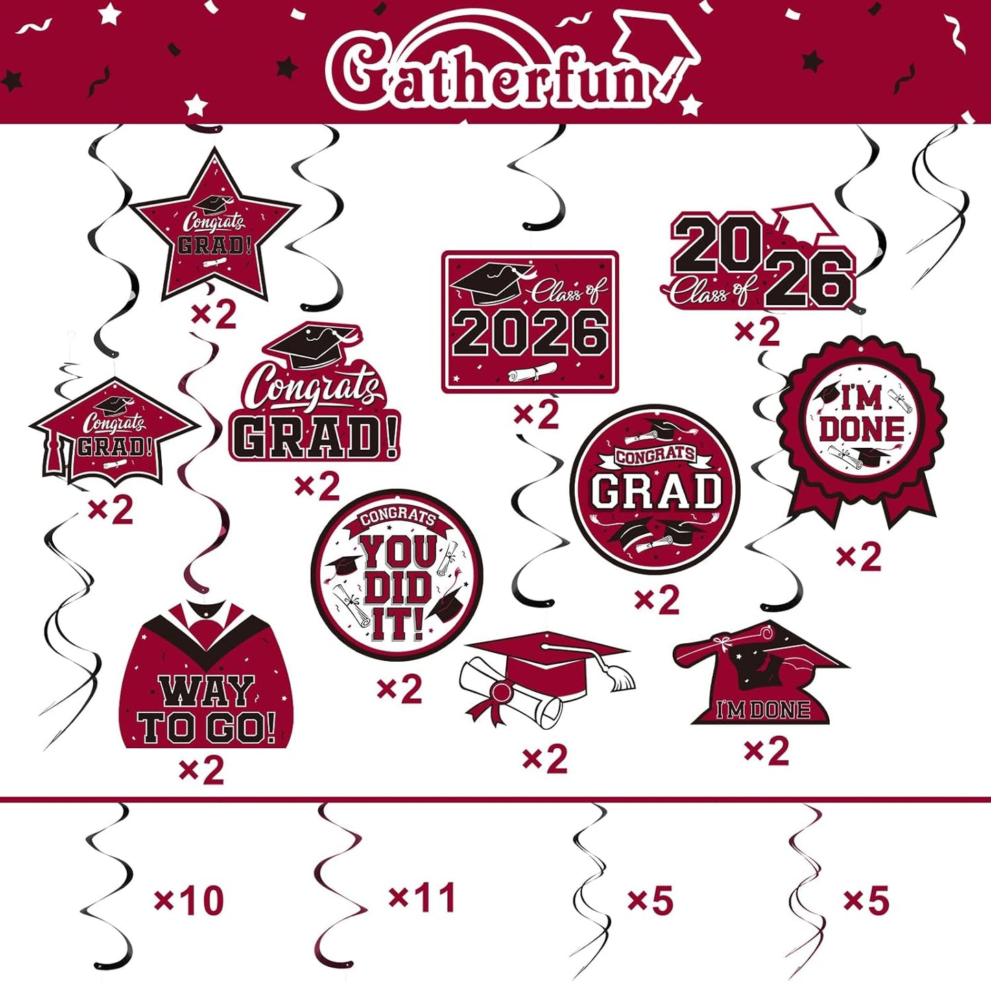 31 Pieces Graduation Decorations Class of 2026, Graduation Hanging Swirl Congrats Grad and Graduation Party Decorations(red, Black)