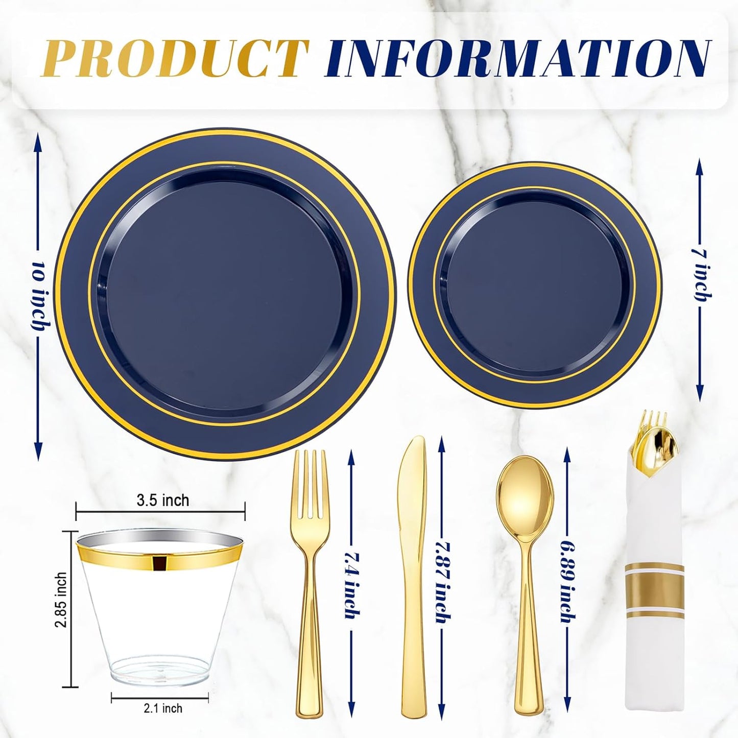 350 Pieces Black and Gold Plastic Plates with Disposable Silverware, Include 50 Dinner Plates 9”, 50 Dessert Plates 6.3”, 50 Black Cups 9 OZ, 50 Pre Rolled Napkins for Wedding Party Graduation