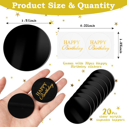 20pcs Gold Mirror Acrylic Happy Birthday Cupcake Toppers Round Engraved Cake Picks Happy Birthday Cake Toppers for DIY Birthday Gift Flower Bouquet Pastries Desserts Decor