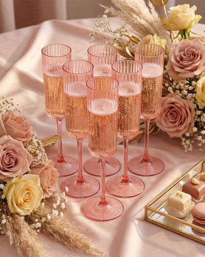 Ciaell 24 Pack Plastic Champagne Flutes - 6oz Ribbed Disposable Champagne Glasses - Clear Vintage Mimosa Glasses with Long Stem, Elegant for Weddings, Birthdays, Party