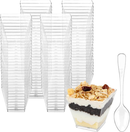 Colovis Mini Dessert Cups, 200 CT 2oz Clear Plastic Parfait Appetizer Cups with Spoons Mini Square Dessert Bowls for Serving, Tasting (200)