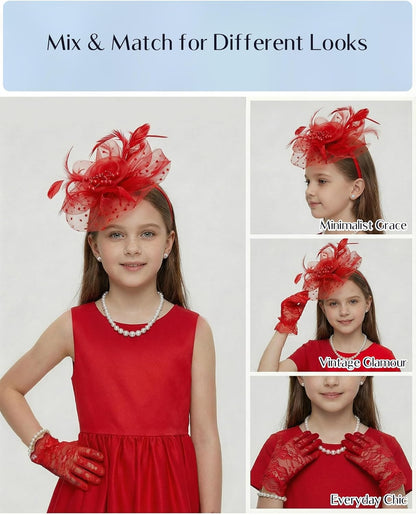 Girls Tea Party Fascinators Hats for Kids Fascinator Tea Party Hat Headband with Gloves Accessories for Girls