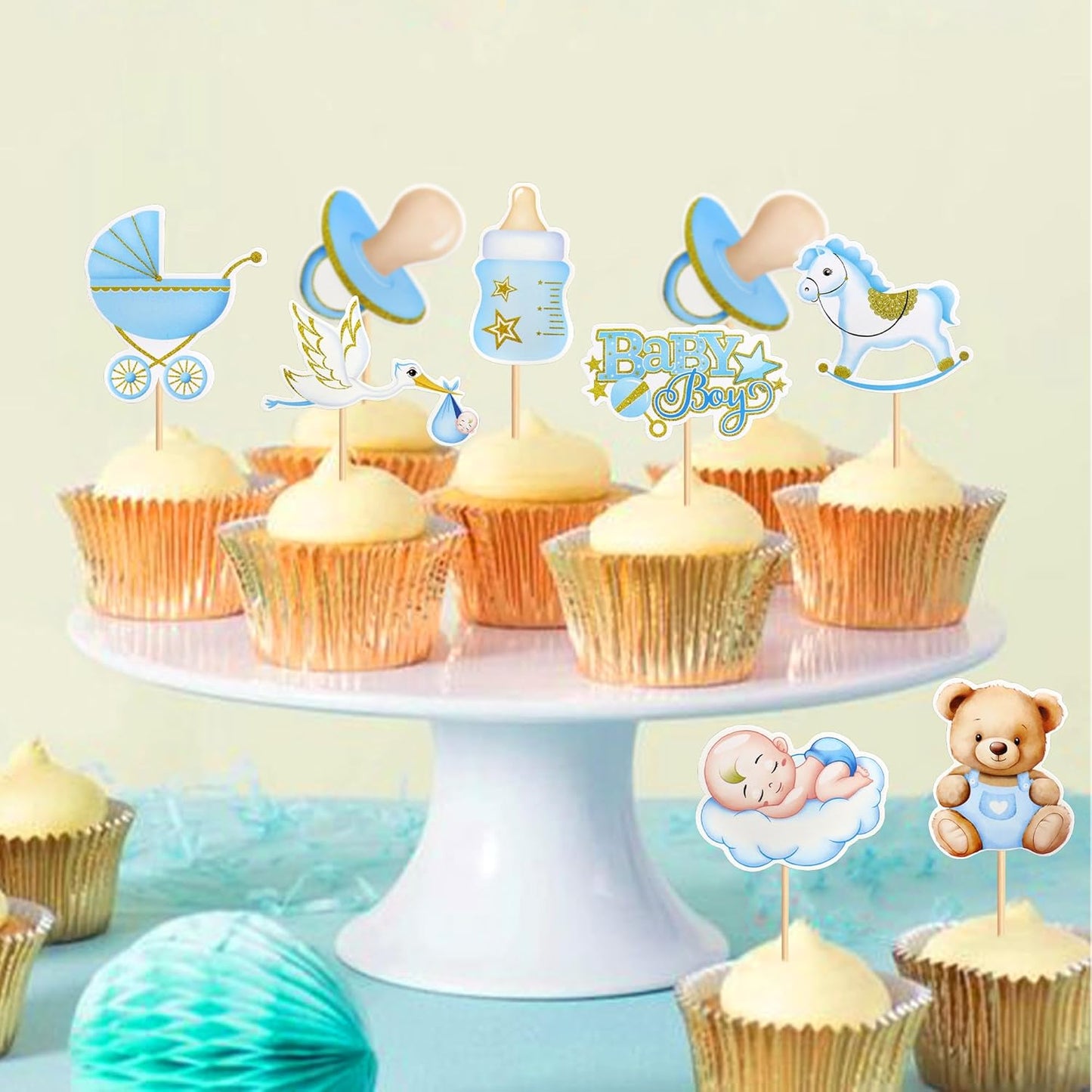 36Pcs Blue Baby Bear Cupcake Toppers Balloon Teddy Bears Cupcake Picks for Blue Baby Shower Gender Reveal Boys Bearly Birthday Cupcake Decorations We Can Bearly Wait Party Decorations Supplies