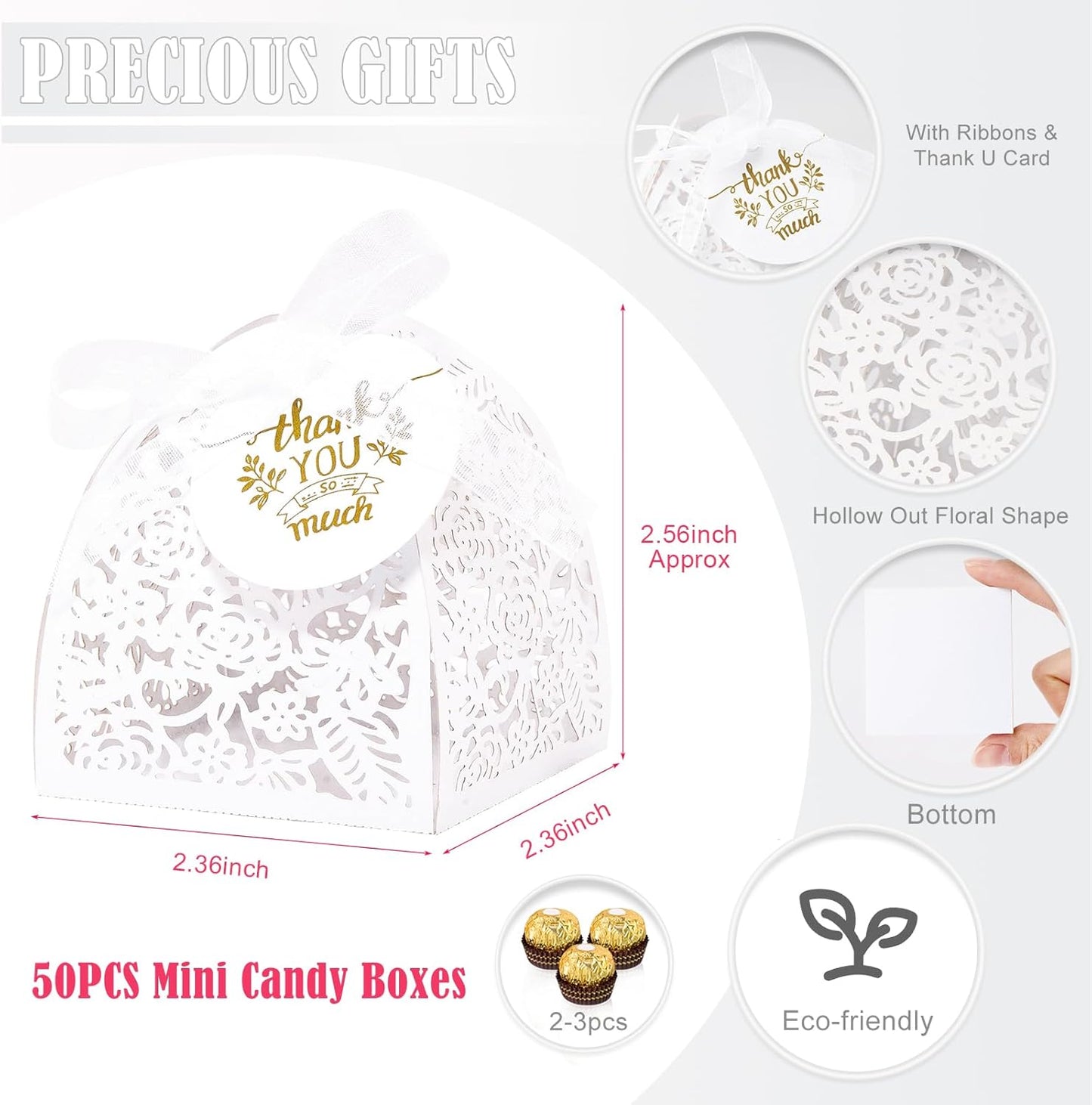 AdasBridal 50Pcs Small Gift Boxes for Party Favors, Laser Cut Candy Boxes Wedding Favor with Thank You Card Ribbons for Bridal Baby Shower Wedding Decorations (White, 2.36")