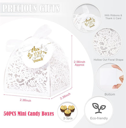 AdasBridal 50Pcs Small Gift Boxes for Party Favors, Laser Cut Candy Boxes Wedding Favor with Thank You Card Ribbons for Bridal Baby Shower Wedding Decorations (White, 2.36")