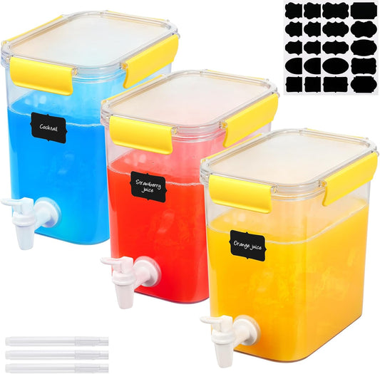 Mumufy 3 Set Plastic Drink Dispensers for Parties Beverage Dispenser for Fridge with Spigot Iced Juice Lemonade Container with Labels and Pens Summer Party Supplies(1 Gallon,White)